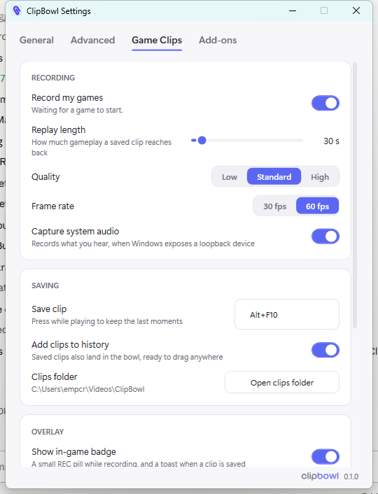 ClipBowl's Game Clips settings tab with replay length, quality, frame rate and save shortcut