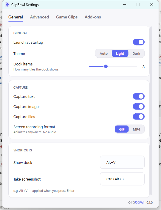 ClipBowl settings window showing the General, Advanced, Game Clips and Add-ons tabs